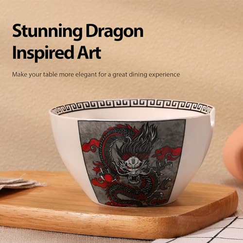 Hagary Dragon Ramen Bowl with Chopsticks Ceramic Bowl Stainless Steel Chopsticks Japanese Style Soup Bowls Housewarming Wedding Gifts Designed in Korea (With Chopsticks) (Black, 30 oz - 1pc) - size: 30 oz - 1pc