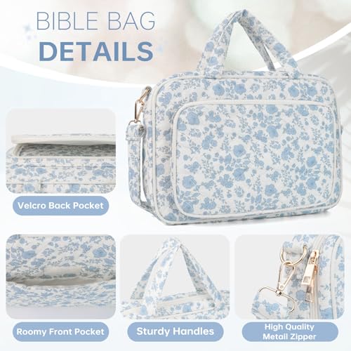 Bible Cover Case for Women Bible Study Supplies Church Camp Essentials Christian Gifts for Women Journaling Kit Quilted Large Bible Book Sleeve (Blue Flower, Large) - color: Blue Flower