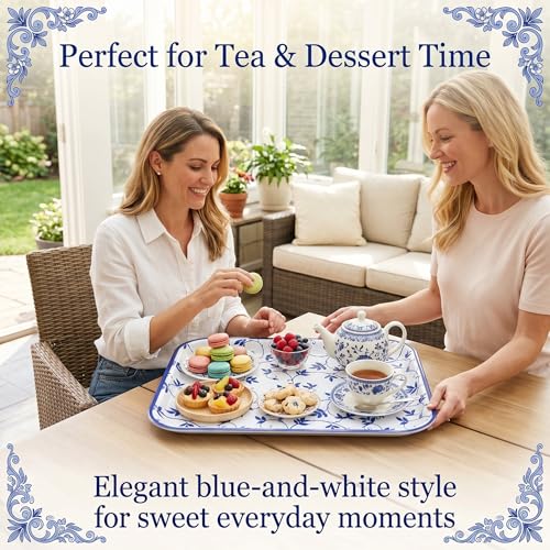 Vesici 4 Pack Blue White Melamine Serving Trays, 13 x 10 Inch Platters - style: Blue and White Porcelain