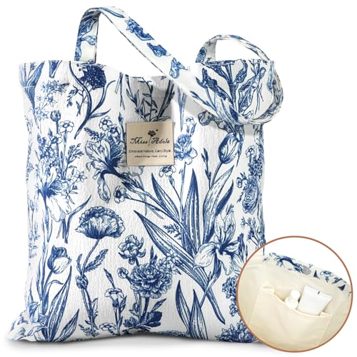 Miss Adola Aesthetic Buckle Tote Bag for Women - color: White Blue Flowers