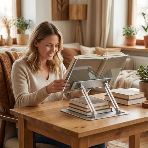 Acrylic Adjustable Book Stand, Reading Stand with Lift Design, High-Density Alloy Desktop Document Holder for Document Recipe, Cookbook, Music Book (Silver) - color: Silver