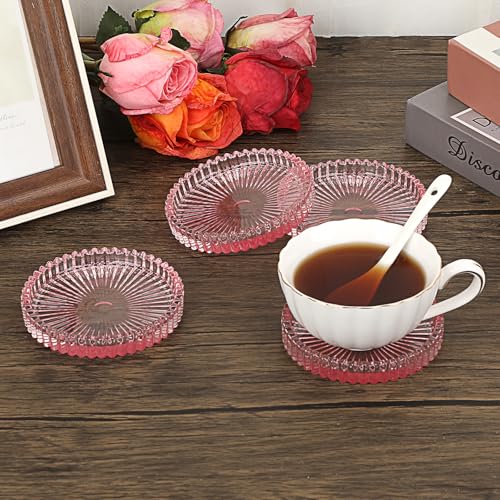 JUXYES Set of 5 Heat-Resistant Clear Glass Coaster for Hot and Cold Drinks - color: Pink, size: 5 Pack