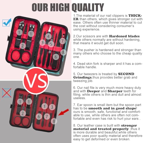 HANTEKAS Manicure Set 9 in 1 Stainless Steel, Nail Clippers Scissors Pedicure Tools Kit - Portable Travel Grooming Kit for Men and Women with Black/Red Leather Case (Red) - color: Red