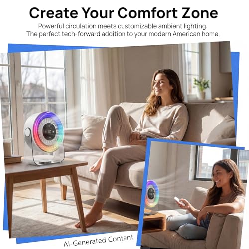Desk Fan for Bedroom,Quiet Rechargeable Colored LED Light Table Fan - color: White