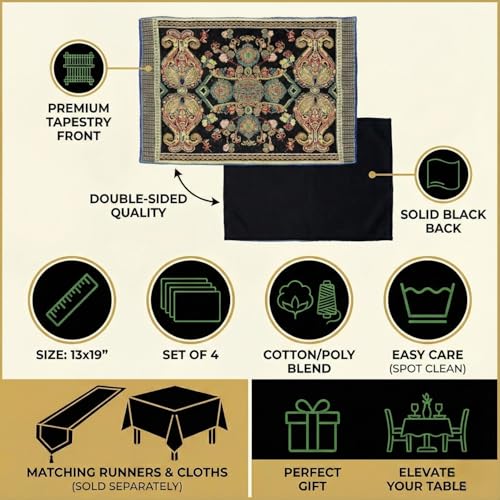 Tache Set of 4 Black & Green Tapestry Placemats – Woven Floral Paisley Medallion, Rococo Baroque Style – Cotton Linen Cloth Table Mats for Dining, Kitchen & Holiday Decor (13" x 19")
