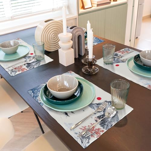 Asian Landscape Placemats Set of 4, Linen Washable Table Mats 12 x 18 Inch, Ink Mountain Red Sun Place Mats for Dining Table Kitchen Zen Japanese Style Decor - color: Asian Landscape, size: 12x18"Placemats x4