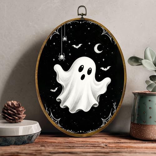Black White Ghost Oval Wall Art, Framed Canvas Decor, 8.5x11.5 Inch - color: Simple Ghost Bat Spider Black