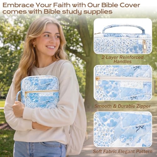 XKDOUS Bible Cover Case for Women Bible Bag Journaling Kit w/Study Supplies - color: Blue Bow Patchwork, size: Large