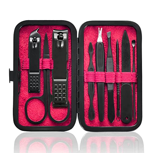 HANTEKAS Manicure Set 9 in 1 Stainless Steel, Nail Clippers Scissors Pedicure Tools Kit - Portable Travel Grooming Kit for Men and Women with Leather Case (Red-BIG Nail Clipper) - color: Red-big Nail Clipper