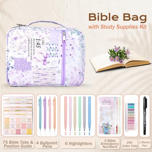 XKDOUS Bible Cover Case for Women Bible Bag Journaling Kit w/Study Supplies - color: Canvas Purple Patchwork, size: Large