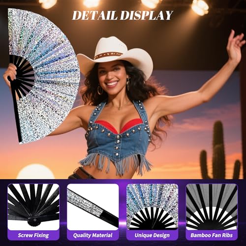 13 Inch Large Rave Fan & Clack Fan for Line Dancing - Folding Hand Fan with UV Glow for Boots on The Ground, Performance, Wedding, Party - Portable Handheld Fan for Women & Men - color: Reflective Silver Lines*1