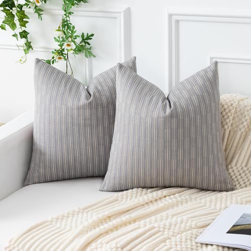 Kevin Textile Pack of 2 Farmhouse Throw Pillow Covers Boho Woven Texture Linen Striped Decorative Pillow Cases for Couch Bed and Chair, Grey 18 x 18 inches 45 x 45 cm - color: A-grey, size: 18" x 18" (Pack of 2)