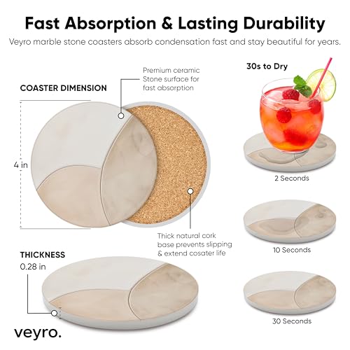 VEYRO Ceramic Coasters Set of 6 – Absorbent Stone Drink Coasters with Holder, Non-Slip Cork Backing, Modern Marble Look Coasters for Coffee Table, Desk & Home Decor - color: Clay 3, size: Set of 6