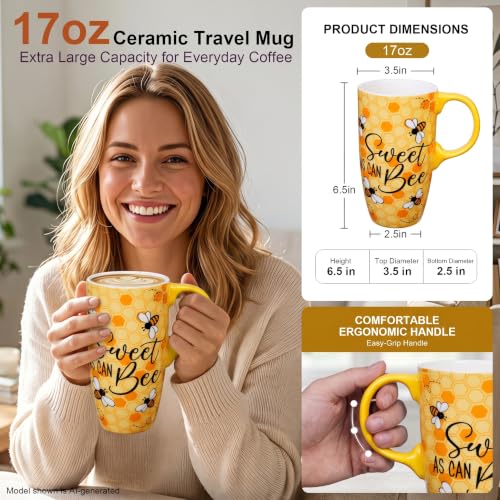 Topadorn 17oz Ceramic Travel Mug with Lid & Gift Box, Honey Bee Coffee Mug - color: Bee & Text
