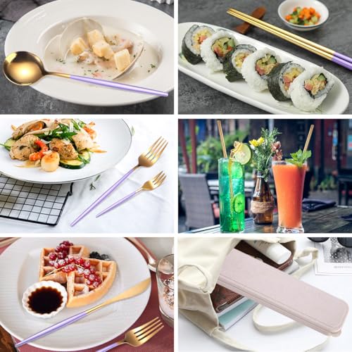 AARAINBOW 8 Pieces Stainless Steel Flatware Set Portable Reusable Cutlery Set Travel Utensils Set Including Chopsticks Knife Fork Spoon Straws Cleaning Brush Dishwasher Safe (Purple Golden) - color: Purple Golden