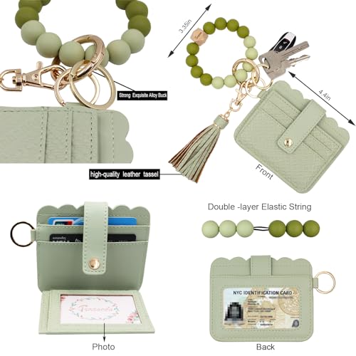 Keychain Wallet Wristlet Small Credit Card Holder Bracelet Key Chain Purse Bangle Tassel Beads Key Rings for Women - color: 03-rfid Light Grey
