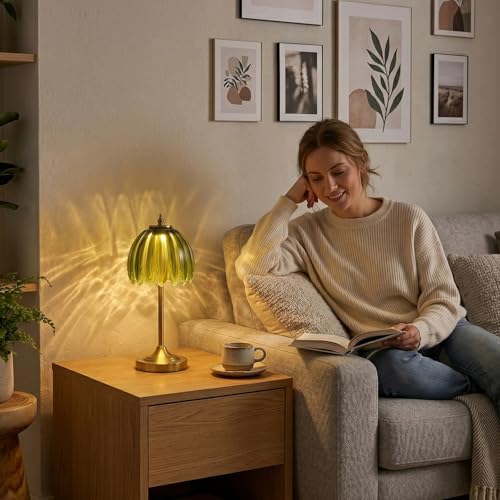 EJQ Glass Tulip Rechargeable Table Lamp, Cordless Flower Table Light -Green - color: Green