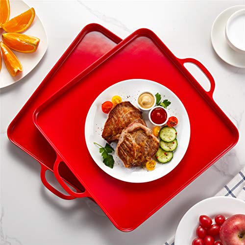 Square Serving Trays with Handles Melamine Red 12.5x12.5 Inch Spill Proof Kitchen Eating Trays Set of 2 for Cafeteria Cafe Food Appeizer Dessert Snack Dinner Lunch Breakfast,TR17-02 - color: Red