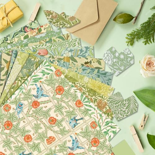 24 Sheets William Morris Floral Pattern Paper William Morris Floral Scrapbook Paper Pad 12'' x 12'' Green Vines and Flowers Patterned Double-Sided Cardstock Paper for Background Card Making Origami