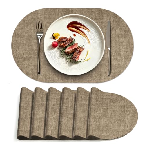 Oval Placemats Set of 6, 17.7 x 11.8 Inch Faux Leather Place Mats, Washable Wipeable Non Slip, Heat Resistant Waterproof Table Mats for Dining Table, Kitchen, Indoor Outdoor Light Coffee - color: R-light Coffee