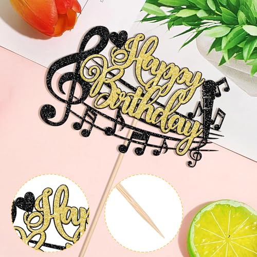 1 PCS Music Happy Birthday Cake Topper Black Gold Glitter Musical Symbol Note Microphone Music Lover Birthday Cake Pick for Concert Singer Theme Party Cake Decoration Supplies - color: Design 6