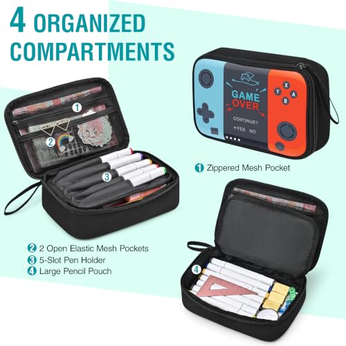 Large Pencil Box for Boys - Gamer Pencil Case Pouch with Zipper Compartment, Durable Wipable Fabric, Easy to Clean, Big Soft School Supplies Organizer Bag for Kids Grades 1-6 - color: Teal & Orange