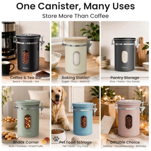 Veken Coffee Canister with Window, Airtight Stainless Steel Container, 22OZ - color: Black, size: 22 oz