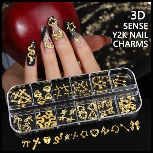 Teentior Nail Charms Gold Rhinestones for Nails with 15 Sheets Gold Nail Stickers, 6 Boxes Nail Gems Pearls for Nails, Cross Nail Charms for Nails Design Nail Art Rhinestones, Caviar Beads for Nails - color: Gold