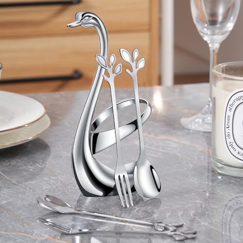 AnSaw Silver Swan Base Holder Set with 10 Pcs 4.7" Mini Leaf Spoon & Fork - color: Silver Swan