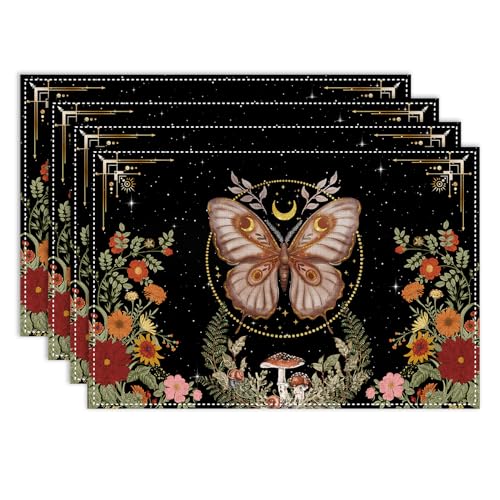 Boho Moth Placemats Set of 4, 12x18 Inch Witchy Moon Phase Tarot Gothic Wild Flower Watercolor Seasonal Bohemia Mystical Holiday Farmhouse Coffee Table Mats for Party Kitchen Dining Decoration - color: Pm-floral Moon06, size: 4pcs
