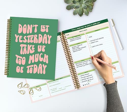 Undated Daily Planner Notebook 7.75x10, Cute Planner Notebook, Pink Green To Do List Notebook, Large Hardcover Spiral Schedule Notebook Planner, Inspirational Quote Planner Students Girls Teens - color: Green Pink Quote