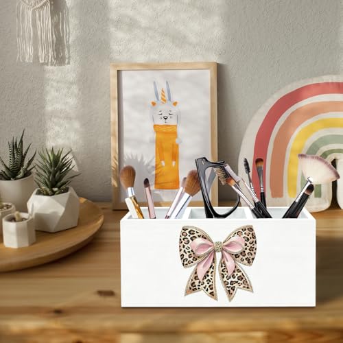 Coquette Pink Leopard Bow Pen Holder for Desk, Preppy Girly Pencil Organizer, Trendy Cheetah Print Bow Wooden Box Sign Desk Decor for Girls Bedroom Dorm Home Office Decoration - color: Leopard Bow