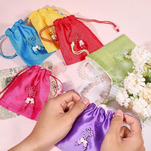 CHGCRAFT 6Pcs 6 Colors Traditional Korean Pouch Embroidered Drawstring Bags Rectangle Cloth Packing Pouches for Wedding Candy Jewelry Bags