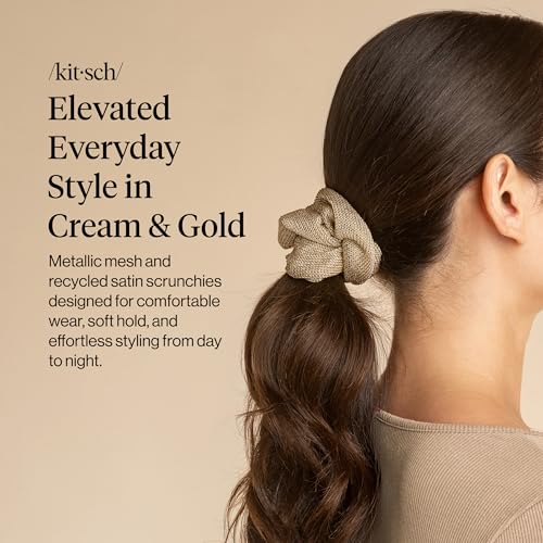 Kitsch Metallic Mesh & Satin Scrunchies For Women - Cream & Gold, 2pcs - color: Cream & Gold