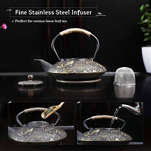 Ufine Koi Fish Cast Iron Teapot Set Stove Top 26 oz Tea Kettle with 4 Cups - color: Koi Fish