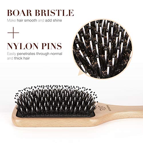 Hair Brush Boar Bristle Hairbrush for Thick Curly Thin Long Short Wet or Dry Hair Adds Shine and Makes Hair Smooth, Best Paddle Hair Brush for Men Women Kids - color: Natural Wood