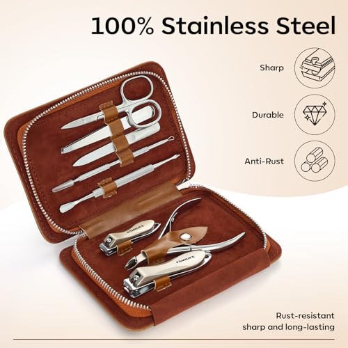 FAMILIFE Stainless Steel Manicure Set 8-in-1 Professional Nail Clipper Kit - color: Brown-1