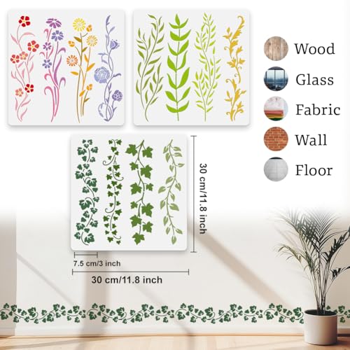 12 Pattern Leaf Vine Flower Wall Stencil Templates 11.8" x 11.8" Reusable Plastic Leaves Floral Stencils for Painting on Wood Wall Floor Fabric Glass Furniture, Vine DIY Home Decor Stencil - style: Vine A
