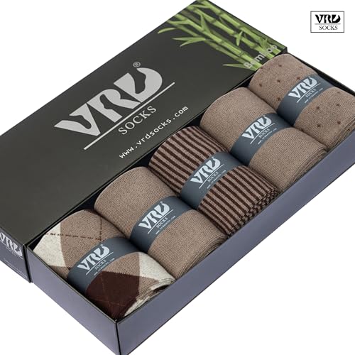 VRD Men's Dress Socks Bamboo Rayon, 5-Pack Crew Socks, Multiple Colors and Designs, Shoe Size 8-13, Gift Box - color: 06: Brown, 5-pack Mix (2 Solid, 1 Striped, 1 Dotted, 1 Argyle)