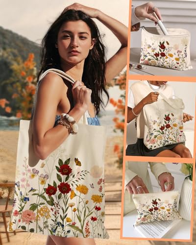 Miss Adola Canvas Tote Bag with Matching Makeup Pouch - color: New Retro Flowers
