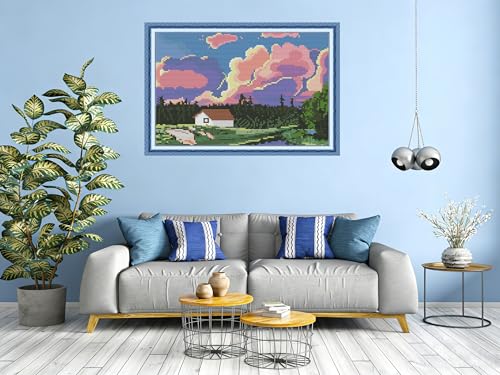 CROSSDECOR Stamped Cross Stitch Kits Pre-Printed in Aida Cloth Cross-Stitching 14CT Embroidery Starter Kits DIY Cross Stitch Kits for Adults,Rosy Clouds 30×21cm - color: Rosy Clouds 10.6×10.5in