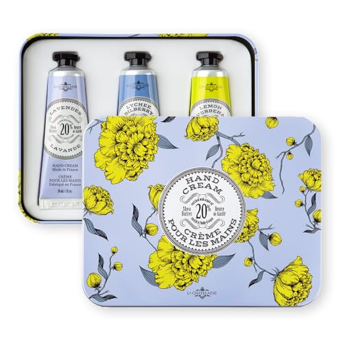 La Chatelaine Hand Cream Trio Tin, Mothers Day Gift Set, Natural Hand Lotion, Made in France with 20% Organic Shea Butter, Nourishing (Lavender, Lychee Bilberry & Lemon Verbena) 3 x 1 fl oz - style: Lavender Trio