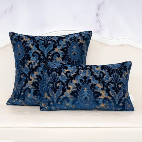 Alerfa Boho Blue Floral Throw Pillow Cover 20x20 Inch Cut Velvet Sqaure Luxury Embroidered Decorative Pillow Cover for Couch Living Room Bedroom - color: Blue, size: 20" x 20" (Pack of 1)