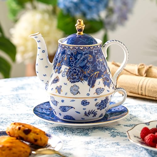 KAMMAK Tea for One Set, Ceramic Teapot, Bone China Tea Set, Cup and Saucer - color: Navy Blue-XY5