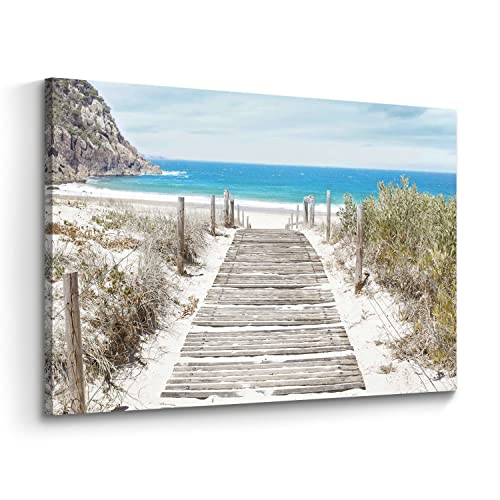 Beach Canvas Wall Art Bedroom: Modern Large Ocean Scene Seascape Picture Decor Scenic Coastal Boardwalk Blue Sea Artwork Contemporary Panoramic Seaside Wave Nature Landscape Prints for Home Living - color: Boardwalk, size: 36"L x 24"W