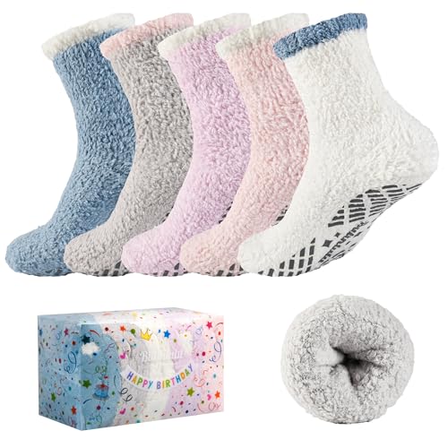 Bulinlulu Fuzzy Socks With Grips for Women, 5 Pairs Non Slip Sleep Warm Fluffy Slipper Socks Gifts for Women - color: Birthday-blue/Grey/Purple/Pink/White