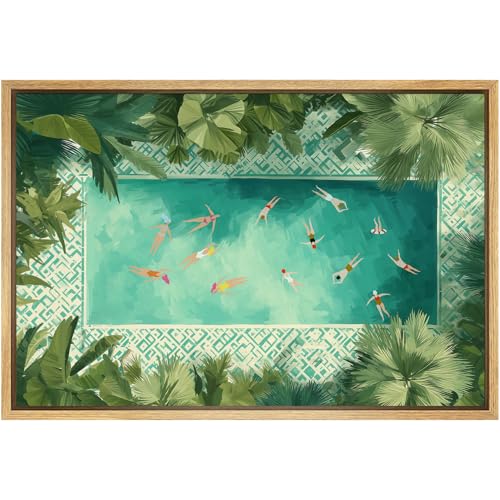SIGNFORD Framed Canvas Print Wall Art Tropical Aerial Pool Scene Modern Summer Vacation Illustrations Modern Art Decorative Boho Relax/Zen for Living Room, Bedroom, Office - 24x36 Natural - color: B08-2508-M22, size: 36"L x 24"W