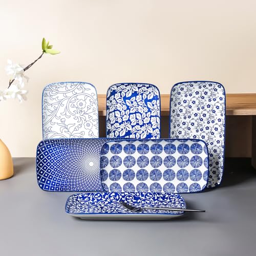 Selamica Ceramic Serving Platters, 12 Inch Serving Trays for Party Entertaining, Large Rectangular Serving Plates for Food, Set of 6, Vintage Blue - color: Vintage Blue, size: 12 Inch, Set of 6
