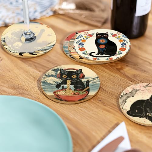 Coasters with Holder Set of 6, Japanese Ninja Cat Absorbent Cork Coaster Anime for Cup Desk Office Table Kitchen Decor House Warming Gifts for New Home Couples, Round 4" - color: Cat002