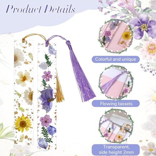 4 PCS Transparent Book Thumb Page Holder Bookmarks, Handmade Cute Bookmark with Tassel Dried Flower Bookmarks Reading Accessories Book Lover Gifts for Reading Lover Students Teachers
